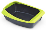 Pet litter box with green rim on a white background