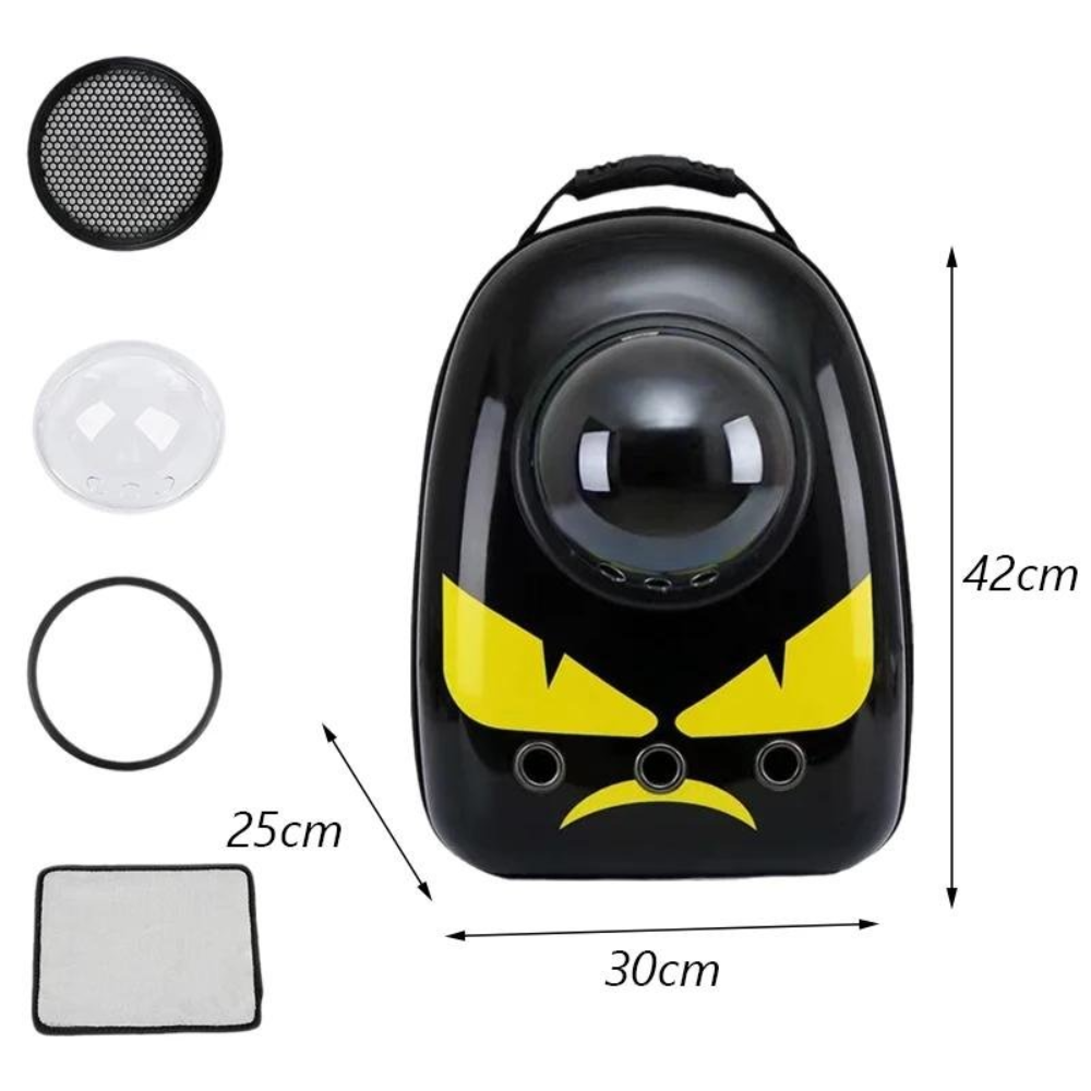 Black pet carrier with yellow design, including dimensions and accessories on a white background