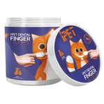 Pet dental finger wipes packaging with cartoon cat illustration on a white background