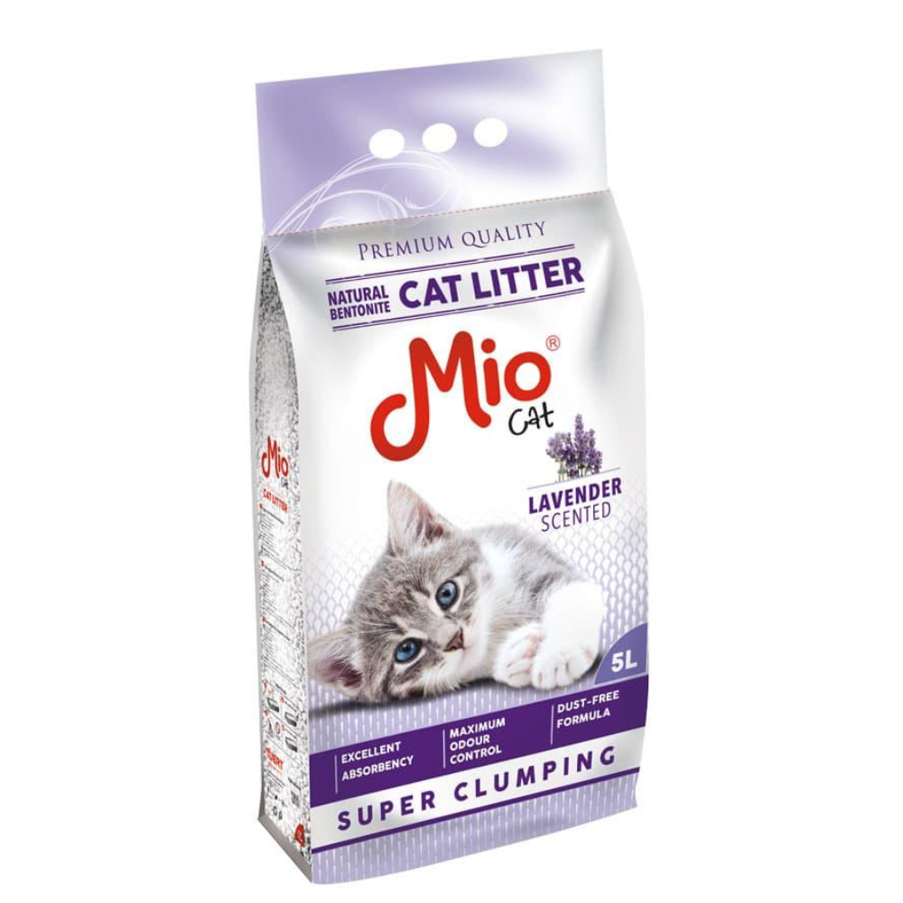 Mio cat litter packaging with a kitten on a white background