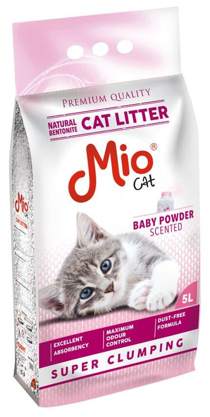 Mio Cat litter packaging with a cat on a white background