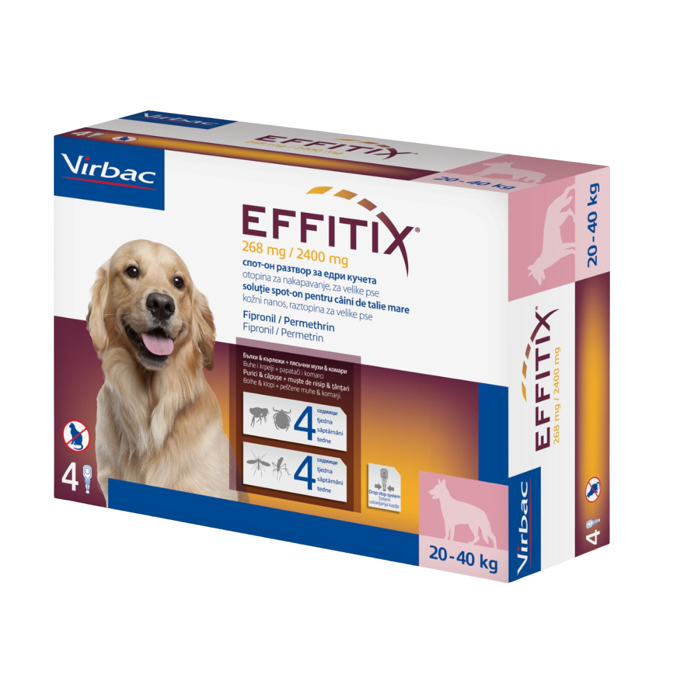 Box of Virbac EFFITIX for dogs with a golden retriever on the packaging.