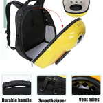 Yellow pet carrier with black backpack, showing durable handle, smooth zipper, and vent holes on a white background.