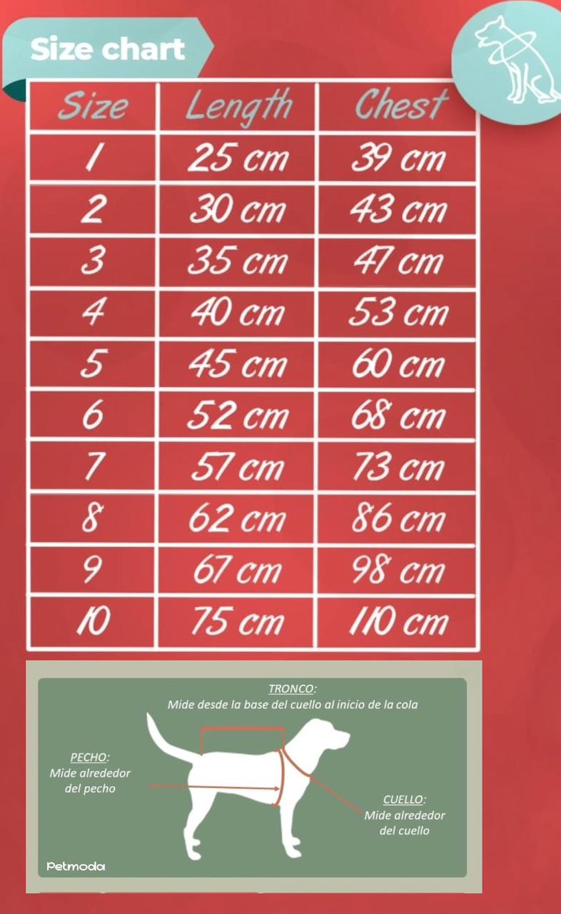 Size chart for dog coats with measurements in centimeters on a red background