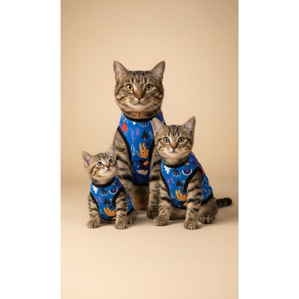 Three cats wearing matching blue outfits with colorful patterns on a beige background, branded 'Petmoda'.