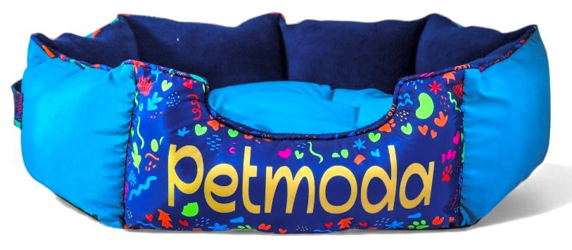 Blue pet bed with colorful 'Petmoda' branding on a white background