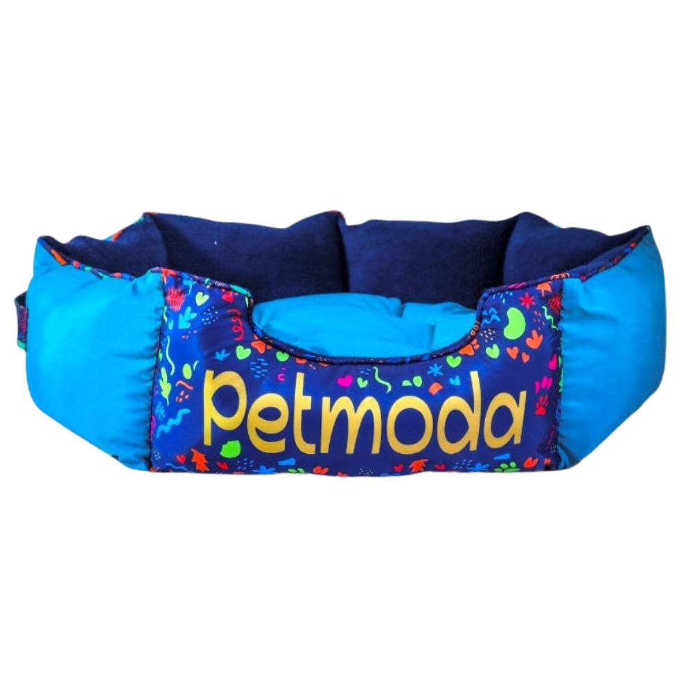Blue pet bed with colorful 'Petmoda' branding on a white background
