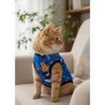 Cat wearing a blue shirt with colorful patterns on a couch