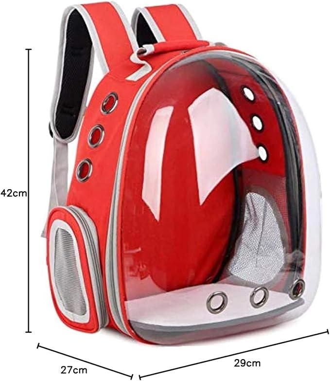 Red pet backpack with clear front, dimensions indicated, on a white background
