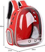 Red pet backpack with clear front, dimensions indicated, on a white background