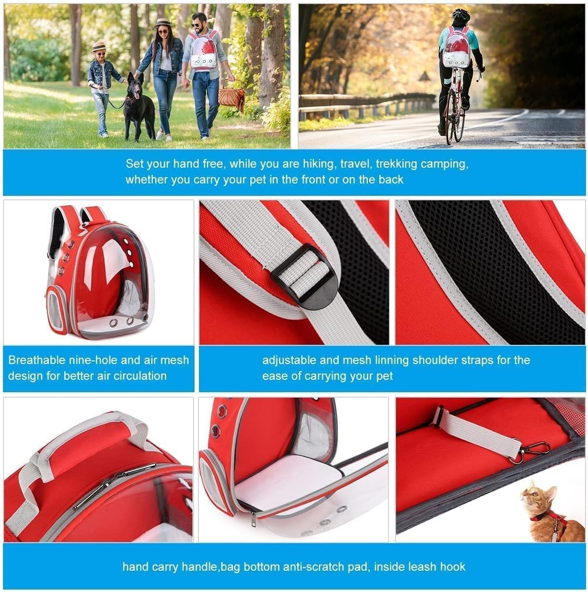 Red pet carrier with multiple views and features highlighted on a blue background