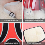Cat carrier with anti-escape rope, panoramic transparent window, breathable fabric, and short pile cushion.