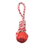 Red dog toy with a rope on a white background