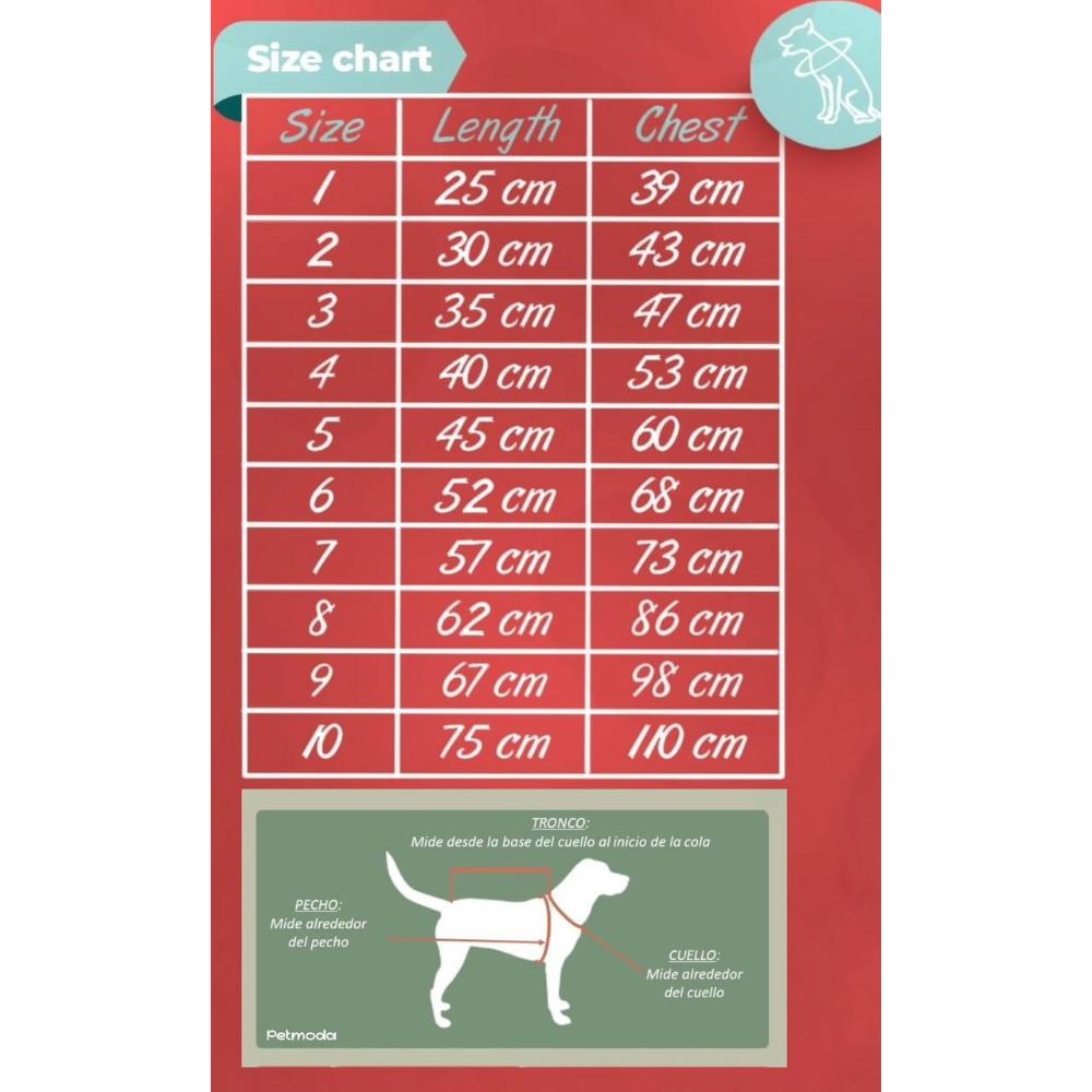 Size chart for dog coats with measurements in centimeters on a red background