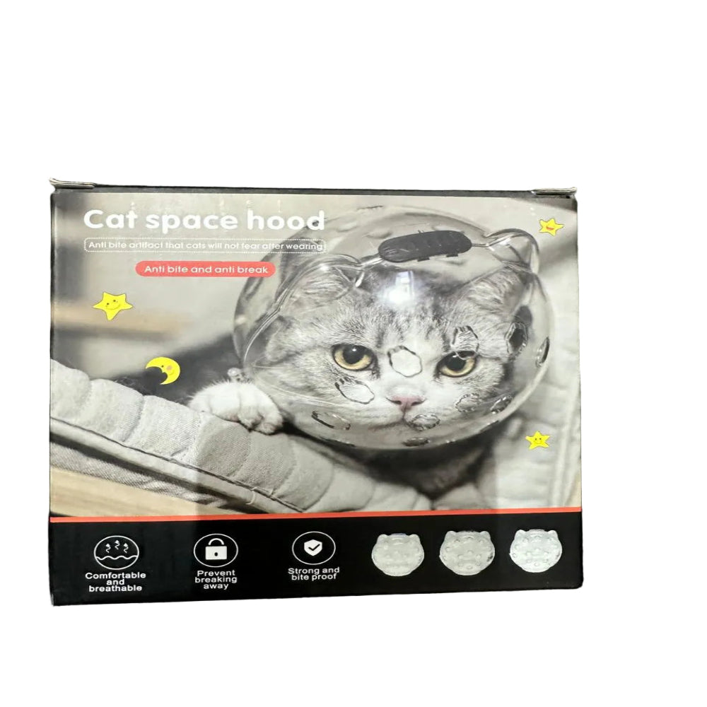 Cat space hood packaging with a cat wearing the product on a white background