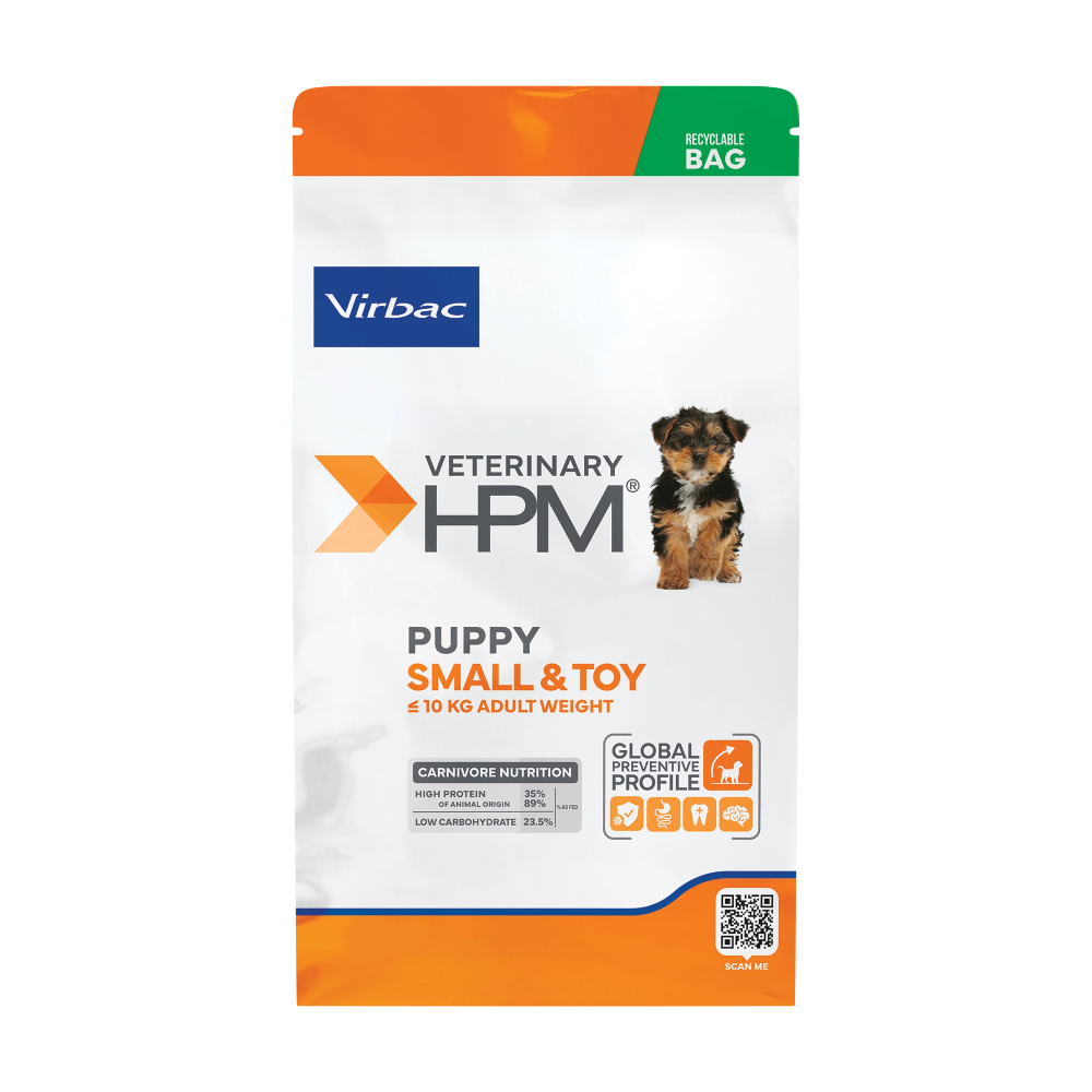 Dog food package for puppies with Virbac branding on a white background