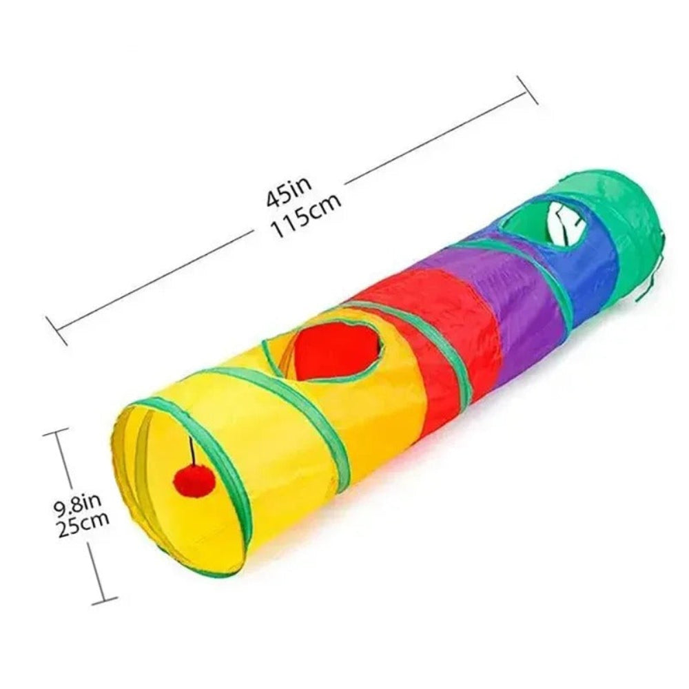 Colorful tunnel toy with dimensions on a white background
