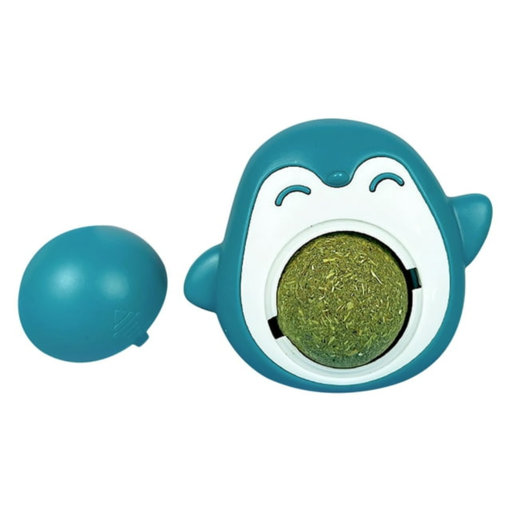 Teal shark-shaped container with a green ball inside on a white background
