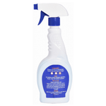 Spray bottle with blue nozzle and label on a white background
