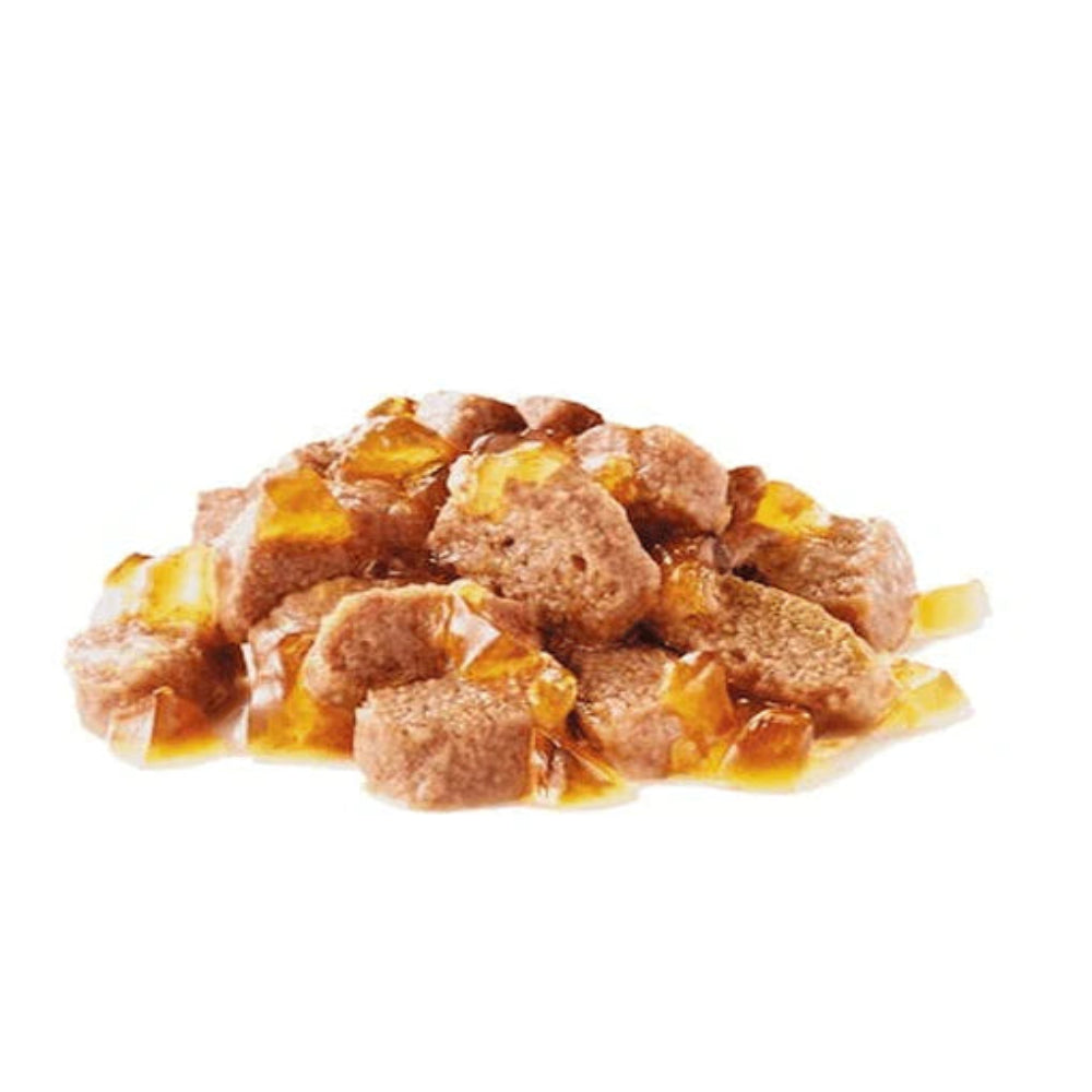 Dog food with visible chunks on a white background
