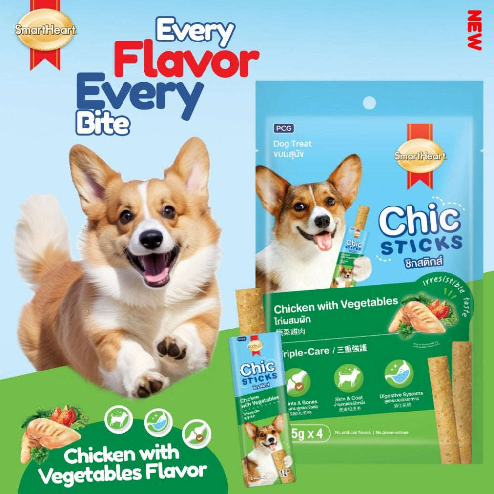 Dog treats packaging with a dog and product details on a blue and green background