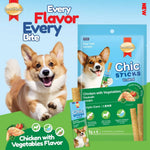 Dog treats packaging with a dog and product details on a blue and green background