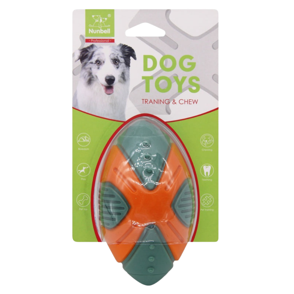 Dog toy packaging with a dog on the left side and text 'Dog Toys Training & Chew' on a white background.