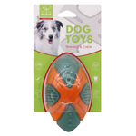 Dog toy packaging with a dog on the left side and text 'Dog Toys Training & Chew' on a white background.