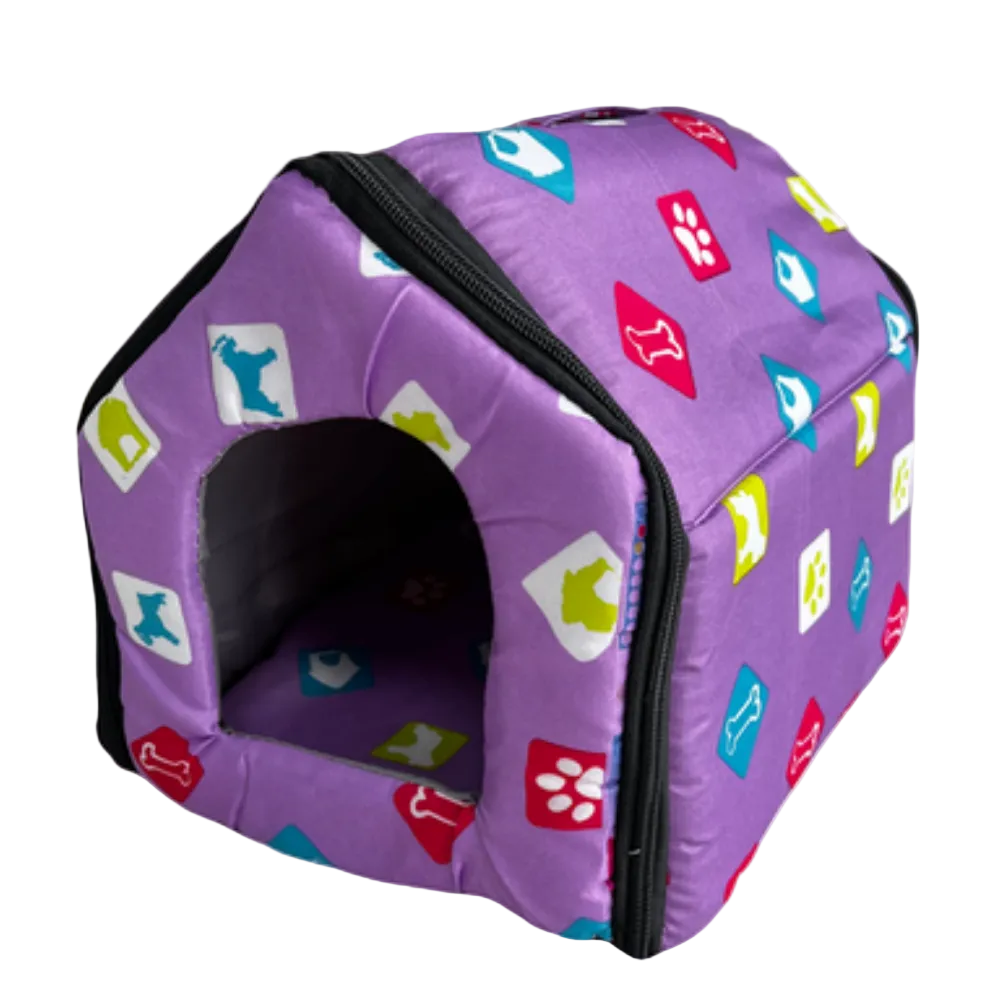 Purple pet bed with colorful dog icons on a white background