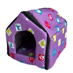 Purple pet bed with colorful dog icons on a white background
