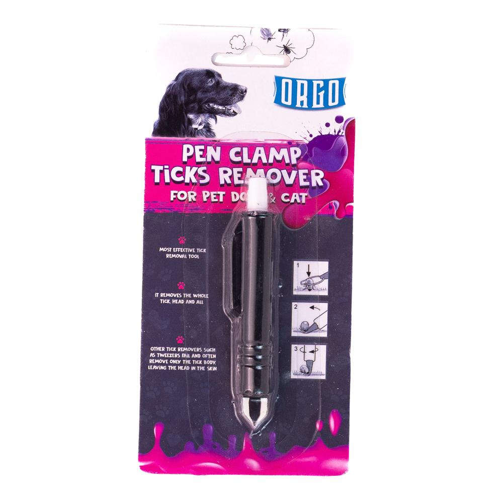 Tick remover for pets in its packaging with a dog illustration on a white background
