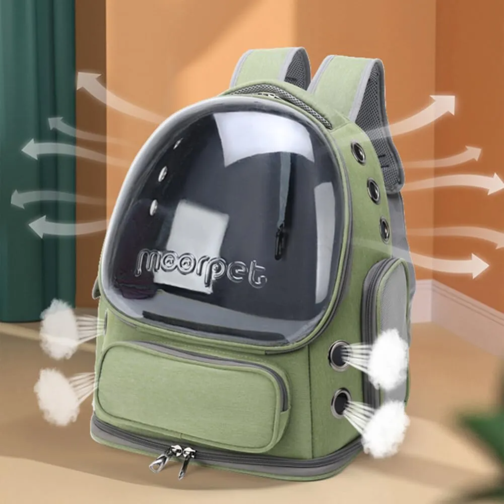 Green pet backpack with transparent bubble window on a blurred background