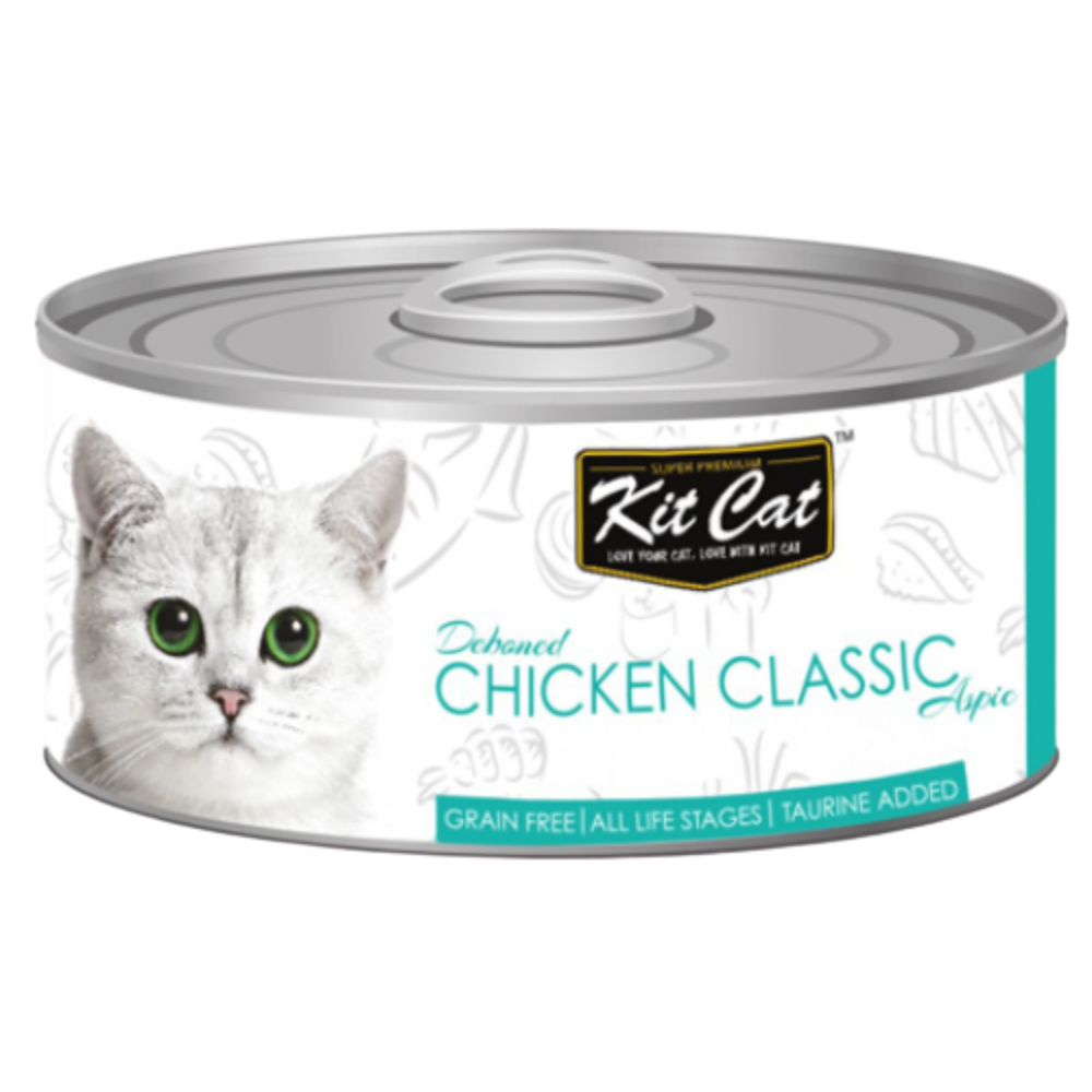 Canned cat food with Kit Cat branding and a cat's face on the label.