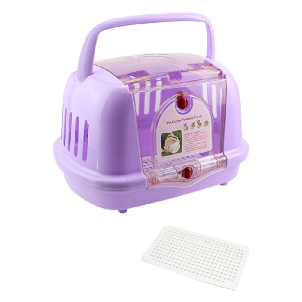 Purple pet carrier with transparent top on a white background