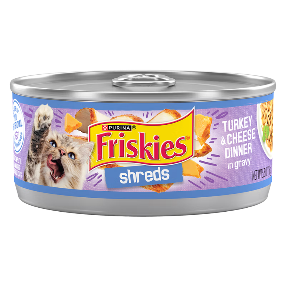 Can of Friskies Shreds Turkey & Cheese Dinner in Gravy on a white background