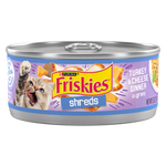 Can of Friskies Shreds Turkey & Cheese Dinner in Gravy on a white background