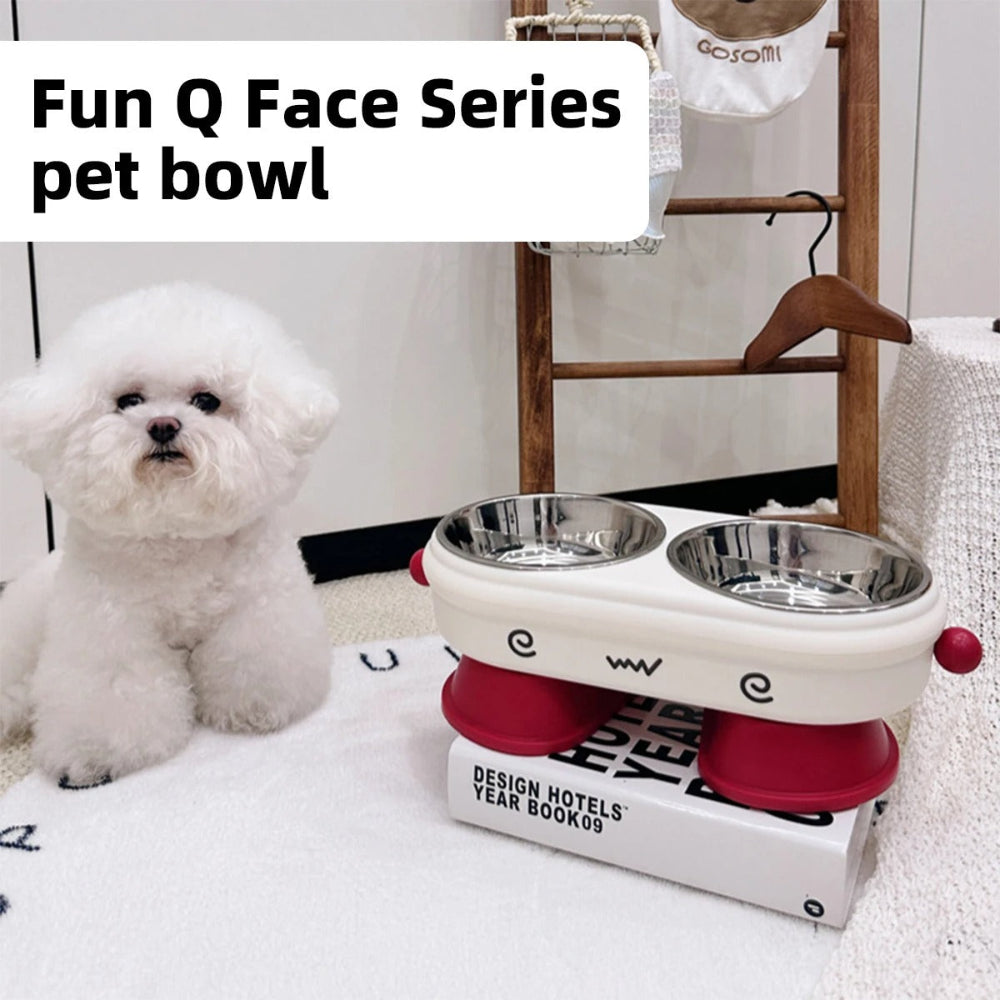 Pet bowl with a small white dog sitting next to it on a surface.