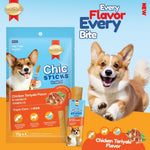 Dog treat package with a corgi and promotional text on a blue and orange background