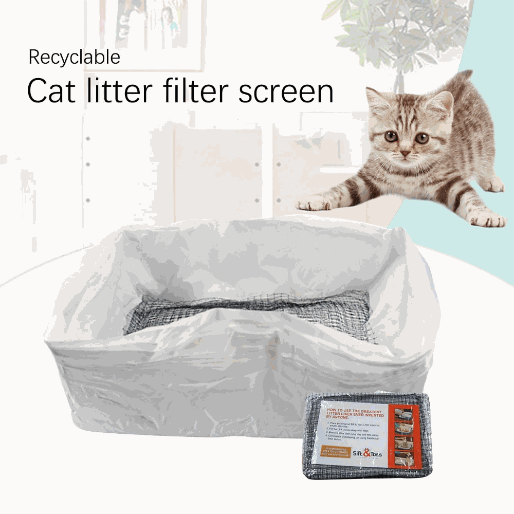 Cat litter filter screen with a cat and product packaging on a light background