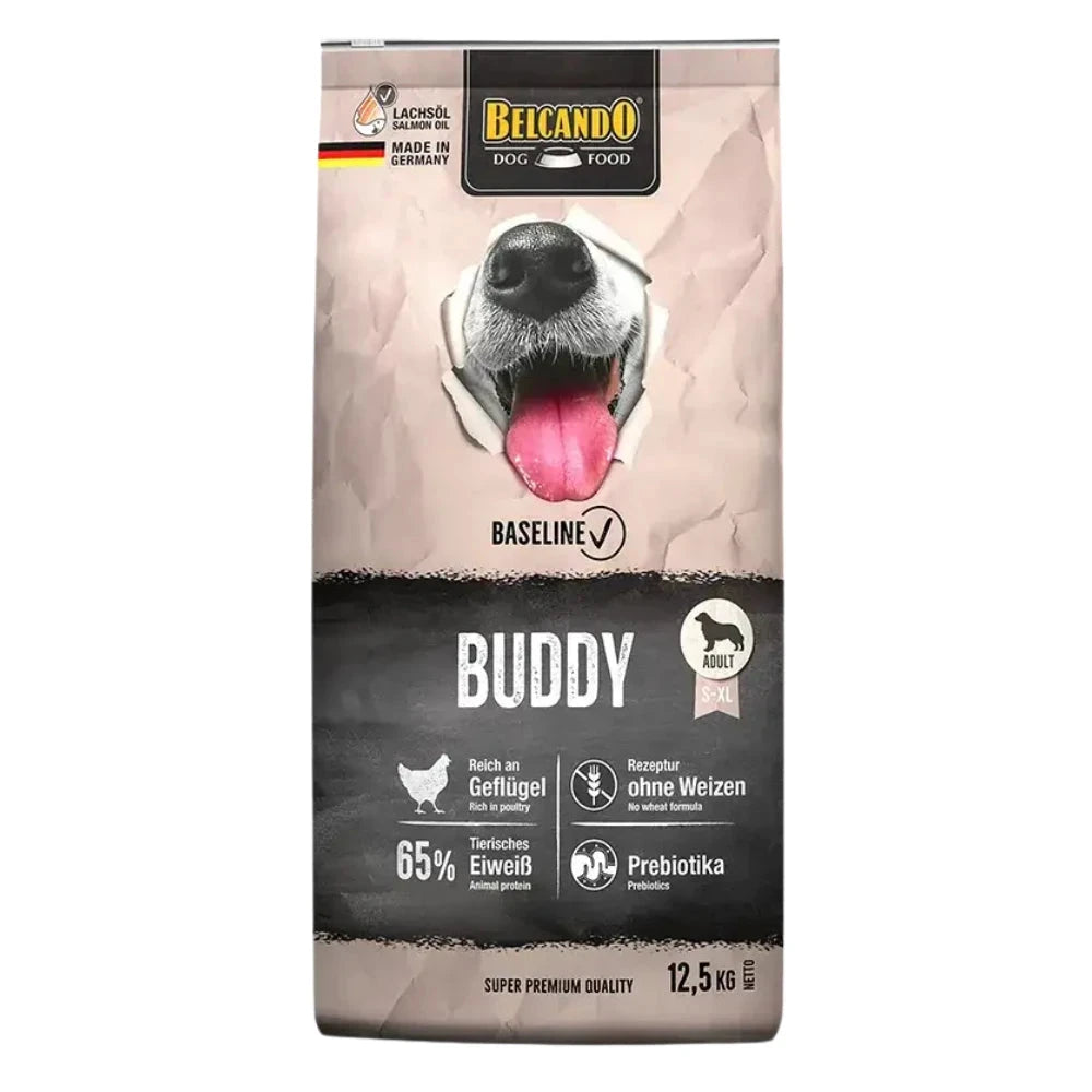 Dog food package with Belcando branding and a dog's face on the packaging.