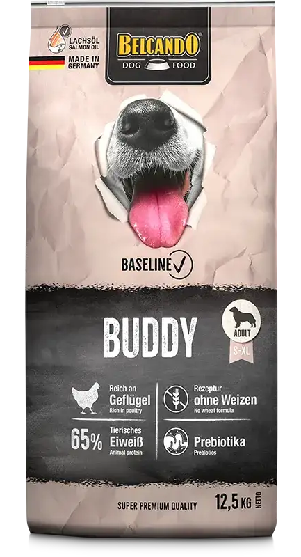 Dog food package with Belcando branding and a dog's face on the packaging.