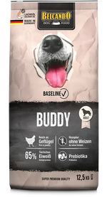 Dog food package with Belcando branding and a dog's face on the packaging.