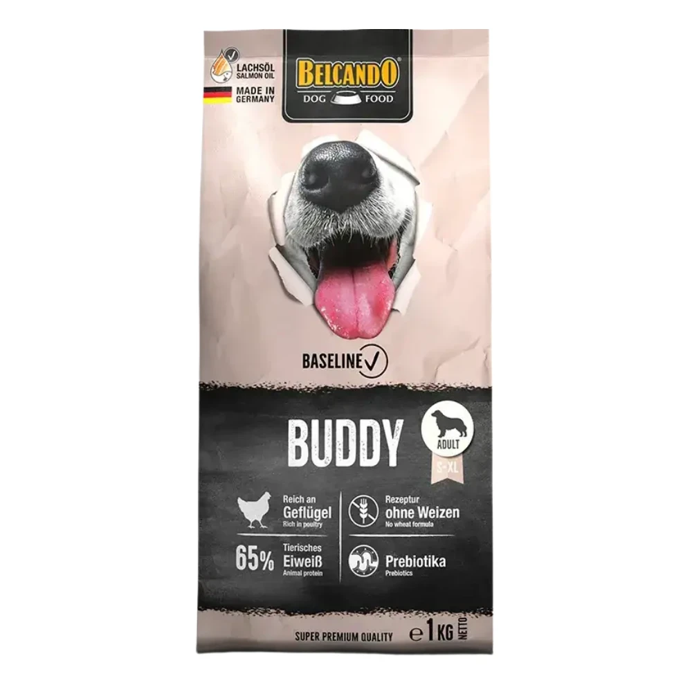 Dog food package with a dog's face and Belcando branding