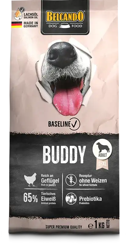 Dog food package with a dog's face and Belcando branding