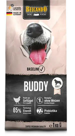 Dog food package with a dog's face and Belcando branding