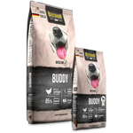 Two packages of Buddy dog food with a visible brand logo on a white background