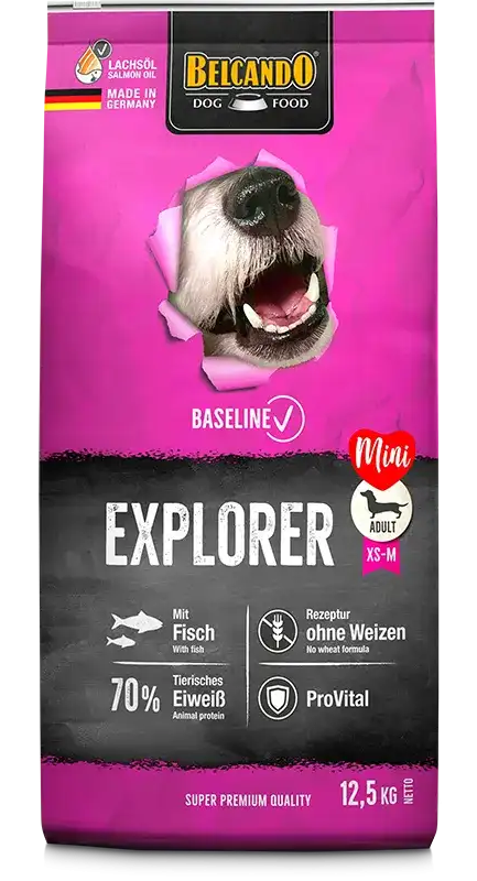 Belcando dog food package with a pink and black design featuring a dog's face.