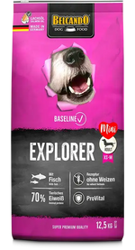 Belcando dog food package with a pink and black design featuring a dog's face.