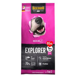 Dog food package with pink and black design featuring a dog's face, Belcando branding, and product details.