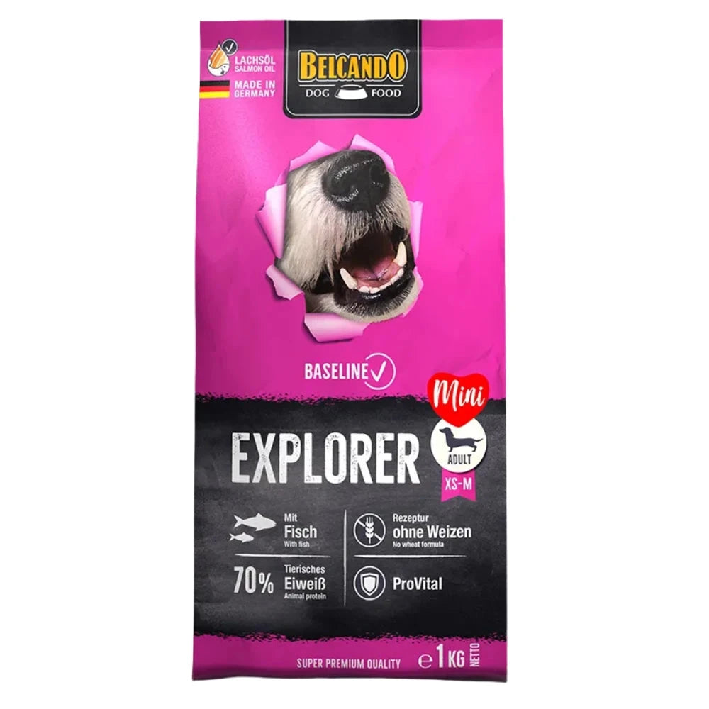 Belcando dog food package with a pink and black design featuring a dog's face.